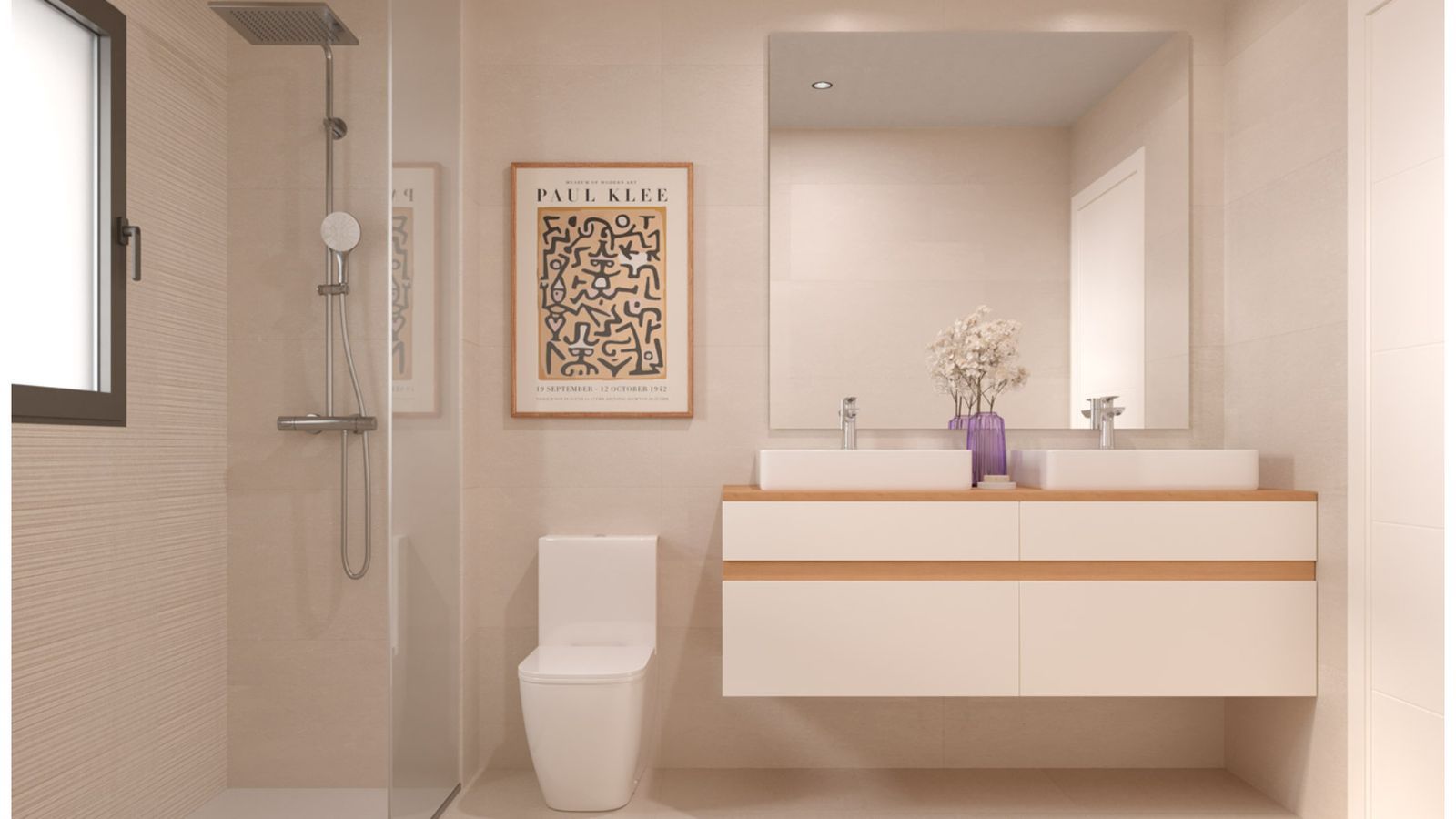 Moderne badkamer met douche, toilet en wastafelmeubel