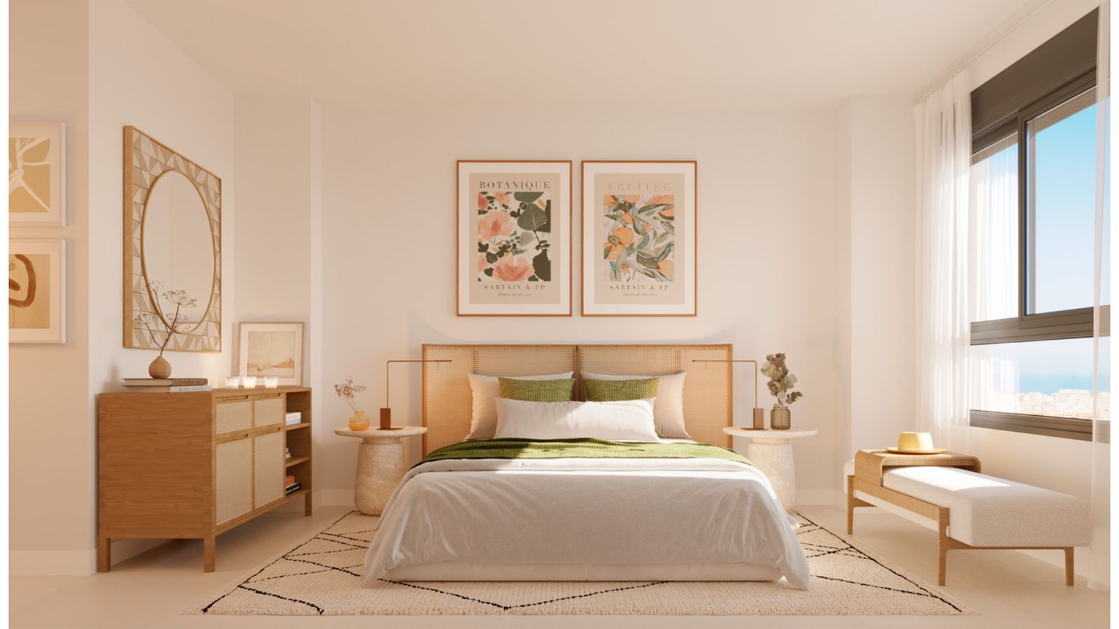 Lichte, neutrale slaapkamer met kustthema